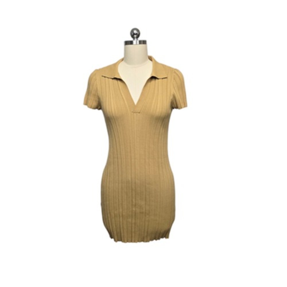 LITA by Ciara Dress Womens Medium Tan Ribbed Knit Polo‎ Collar Mini Short Sleeve